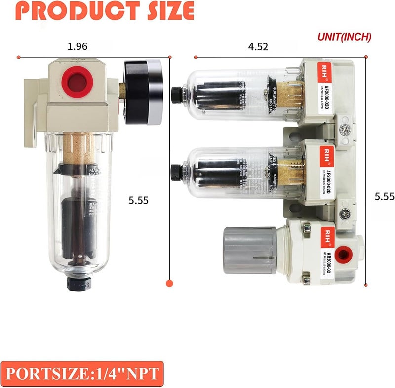 RIH Store Pneumatics 1/4'' NPT Auto Drain Compressed Air Double Filter & Regulator, Air Compressor Water Separator, Auto Drain, Poly Bowl,0-150 psi Gauge, 5 Micron Brass Element AC2110-02D(1/4 NPT) - Image 2
